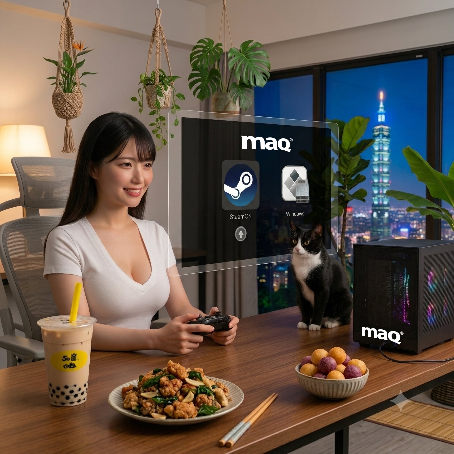 客廳裡的 MAQ 主機：螢幕顯示 SteamOS 與 Windows 選單