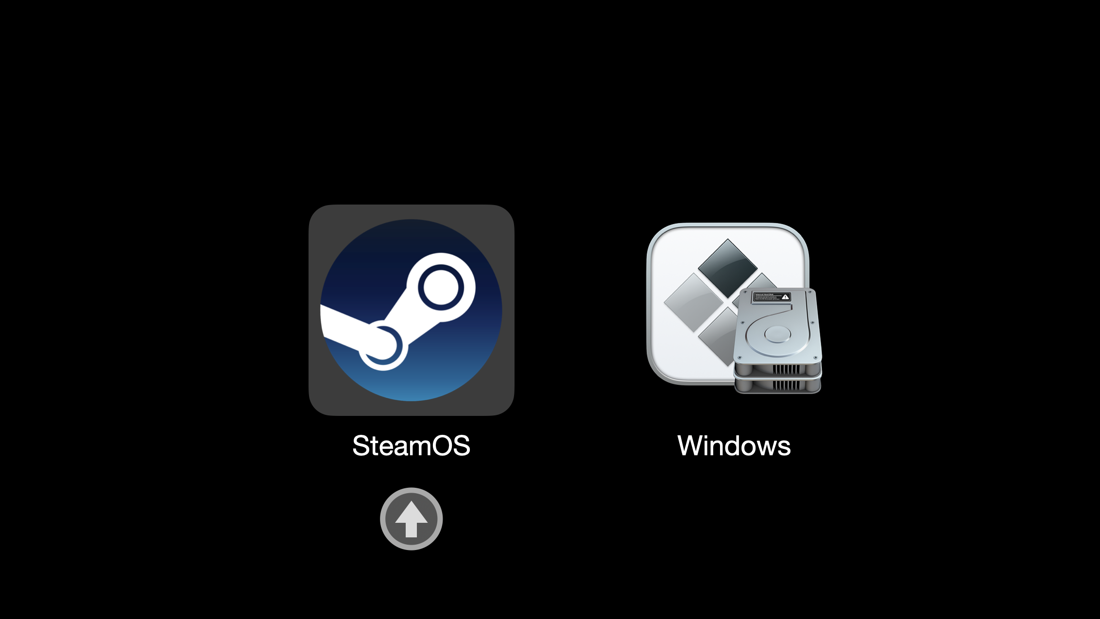 MAQ 開機選單實際畫面：SteamOS 與 Windows 兩個圖示供選擇